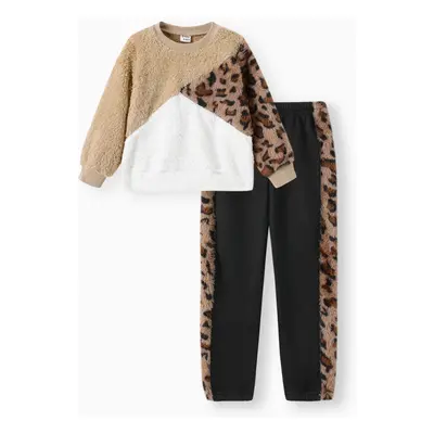 2-piece Kid Girl Leopard Print Colorblock Fuzzy Pullover Sweatshirt and Fleece Lined Pants Casua