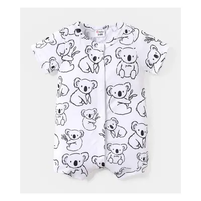 Baby Boy Koala Print White/Grey Striped Short-sleeve Snap Romper