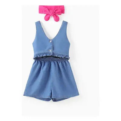 Toddler/Kid Girl Cooling Denim/Floral Print Ruffled Jumpsuit