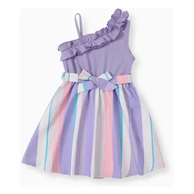 Kid Girl Colorful Striped Belted Ribbed Ruffle Slip Dress