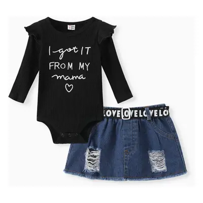 Baby Girl 2pcs Letter Print Romper and Denim Skirt Set