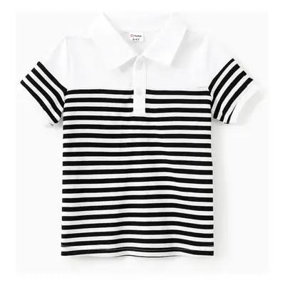 Family Matching Sets Striped Color Block Polo Shirt or A-Line V-Neck Short Sleeves Dress