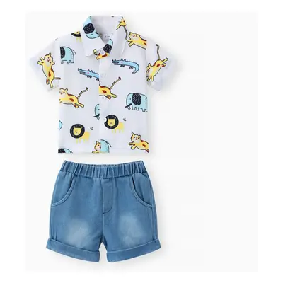 2pcs Baby Boy Allover Animals Print Front Buttons Lapel Collar Short-sleeve Shirt and Pockets De