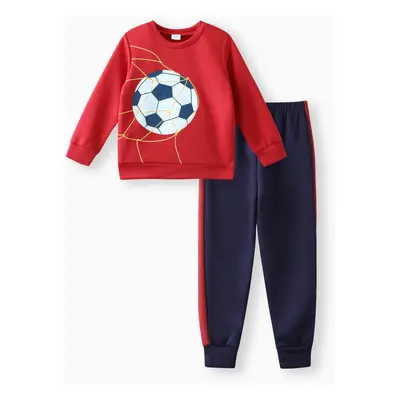 2-piece Kid Boy Ball Print Pullover Sweatshirt and Colorblock Pants Set