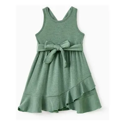 Family Matching Sets Round Neck Button Solid Color/Raglan-Sleeve Tee or Green Tank Irregular Hem