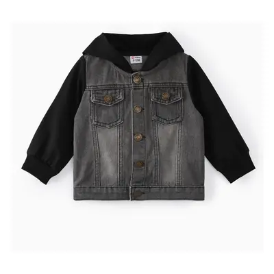 Baby Boy Button Design Denim Splicing Hooded Long-sleeve Jacket