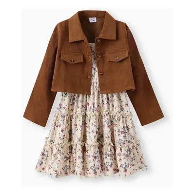 Toddler Girl 2pcs Lapel Collar Jacket and Floral Ruffled Dress Set