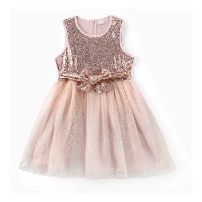 Kid Girl Sequin Embroidery Mesh Splice Dress with Belt