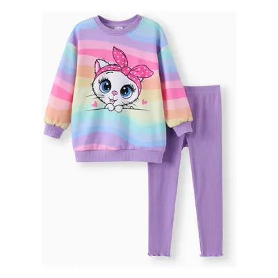 Toddler/Kid Girl 2pcs Childlike Cat Print Sweatshirt and Leggings Set