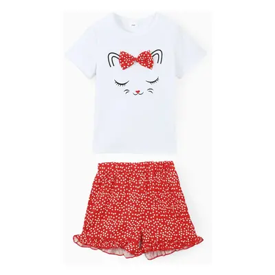 2pcs Toddler Girl Playful Bow Decor Cat Print Tee and Dots Pattern Shorts Set