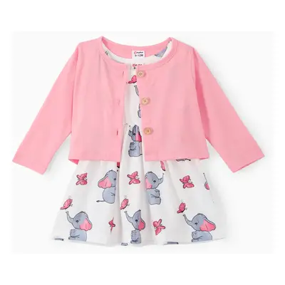 2pcs Baby Girl Pink Cardigan and Elephant Print Dress Set