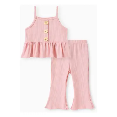 2pcs Baby Girl Solid Spaghetti Strap Peplum Top and Flared Pants Set