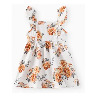 Toddler Girl Button Design Solid Color/Floral Print/Stripe Ruffled Strap Dress