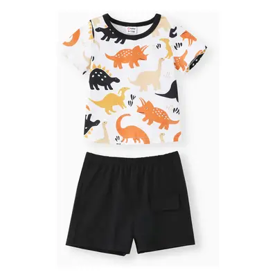 2pcs Baby Boy All Over Dinosaur Print Short-sleeve Tee and Solid Shorts Set