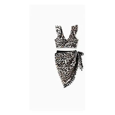 Family Matching Leopard Pattern Drawstring Swim Trunks or Ruffle Neck Two-Piece Bikini with Opti