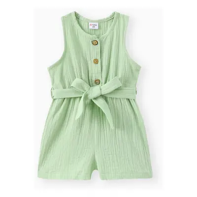 Toddler Girl 100% Cotton Solid Color Button Design Sleeveless Belted Romper Jumpsuit Shorts