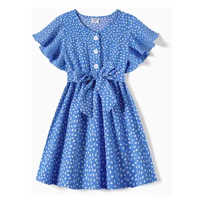 Family Matching Dots Pattern Belted Ruffle-sleeve Dresses and Colorblock T-shirts Sets