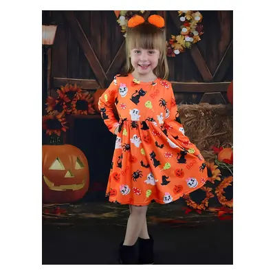 Toddler Girl Halloween Ghost Print Long-sleeve Dress