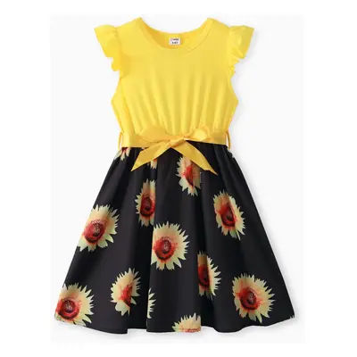 Kid Girl Floral Print Splice Belted Flutter-sleeve Dress