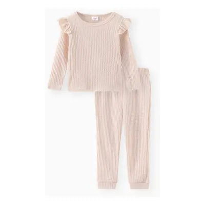 2-piece Toddler Girl Ruffled Textured Long-sleeve Top and Solid Color Pants Set