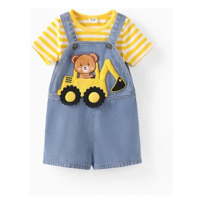 Baby Boy 2pcs Striped Tee and Bear Vehicle Embroidery Denim Overalls Set