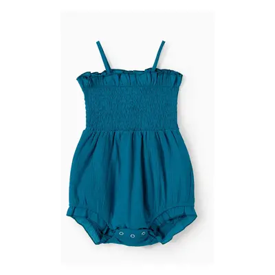 Mommy and Me Peacock Blue V Neck Faux Button Accents Shirred Waist Ruffle Trim Dresses