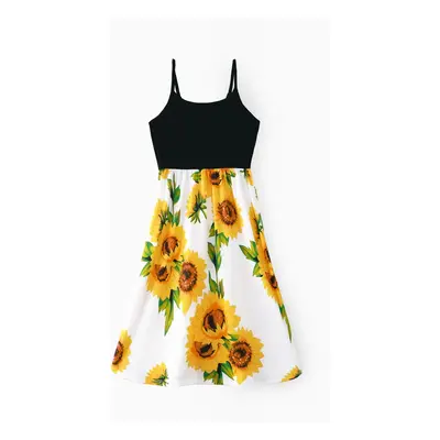 Family Matching Solid Spaghetti Strap Splicing Sunflower Floral Print Dresses and Short-sleeve T