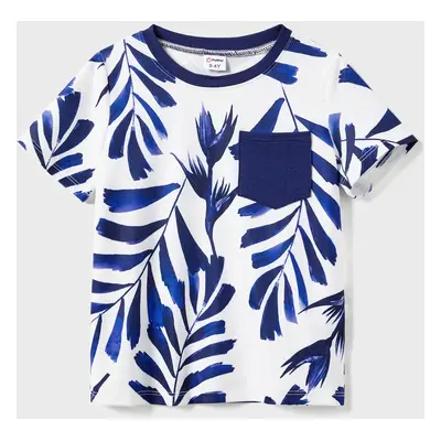 Family Matching Modern Blue and White Botanical Leaf Design Button Strap Dress and Color Block T