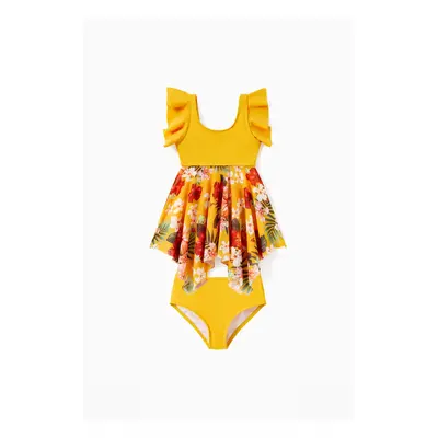 Family Matching Floral Drawstring Swim Trunks or Flowy Spliced Mesh Swim Dress with Triangle Swi