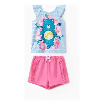 Care Bears Toddler Girls 2pcs Floral Bear Striped Print Flutter-sleeve Top with Shorts Set