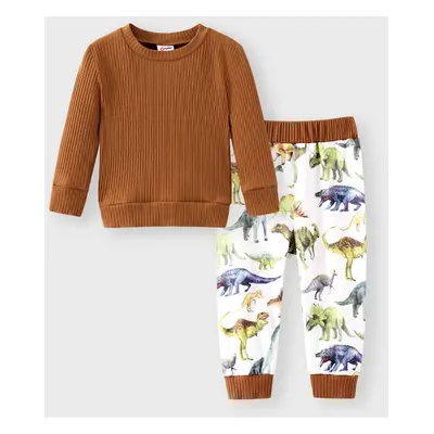 2pcs Baby Boy Solid Cotton Ribbed Long-sleeve Pullover and Allover Dinosaur Print Pants Set