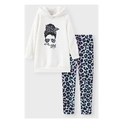 2pcs Kid Girl Character Print Fleece Splice Goodie Sweatshirt and Leopard Print Leggings Set