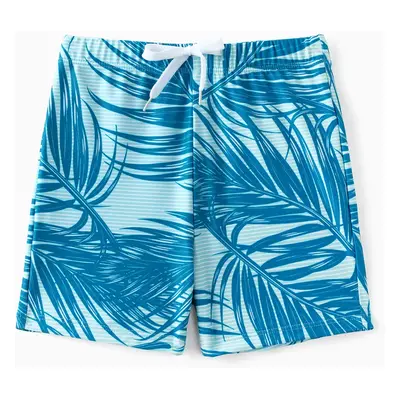 Family Matching Leaf Pattern Drawstring Swim Trunks or One-Shoulder Bikini with Removable Strap