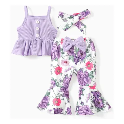 3pcs Baby Girl 95% Cotton Ribbed Ruffle Hem Cami Top and Bow Front Floral Print Flared Pants & H