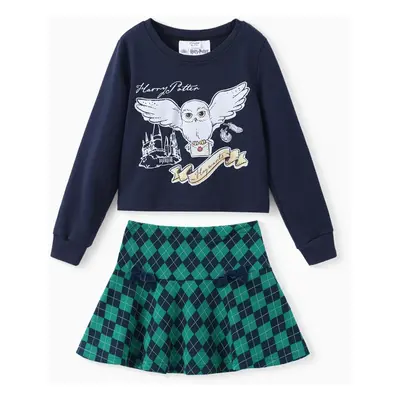 Harry Potter Kid Girl 2pcs Owl Print Long-sleeve Sweatshirt And Bow tie Plaid Skirt Set