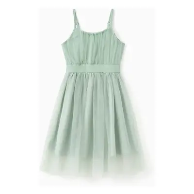 Family Matching Color Block Tee or Green Cami Top Spliced Tulle Strap Dress