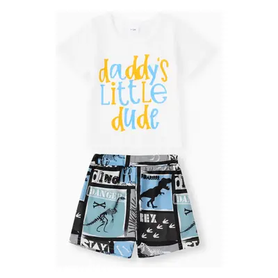 2pcs Baby Boy Letter Print Short-sleeve T-shirt and Dinosaur Print Shorts Set