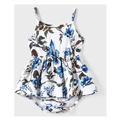 Family Matching Color Block Tee and Allover Floral Button Up A-Line Strap Dress Sets