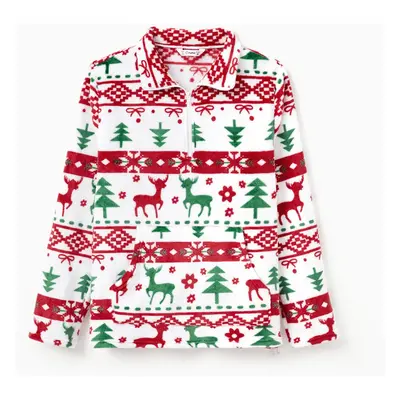 Matching Christmas Pullover Flannel Fleece Mid-Neck Zipper Tops with Pocket