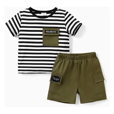 Boys' 2pcs Stripe Workwear Short Sleeve Set - Oversized, Polyester Spandex Material