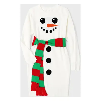 Christmas Family Matching Snowman Graphic White Knitted Belted Dresses and Tops Sets