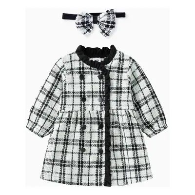 Baby Girl Plaid Print Open Button Design Dress with Headband