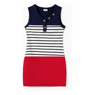 Family Matching Color Block Stripe Polo Shirt and V-Neck Button Body-con dress Sets