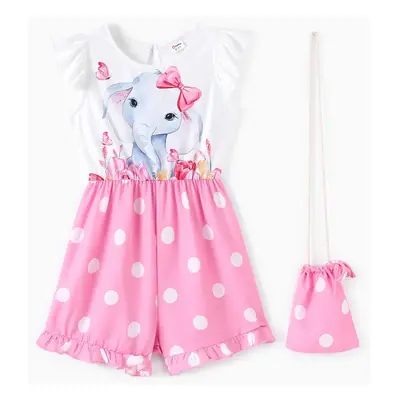 Kid Girl Elephant/Cat Print Colorblock Jumpsuit with Crossbody Bag