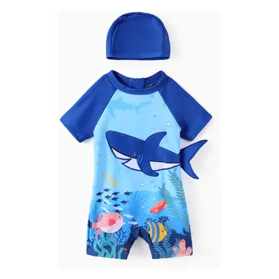 Baby Boy 2pcs Marine Shark Print Swimsuit with Swimming Cap