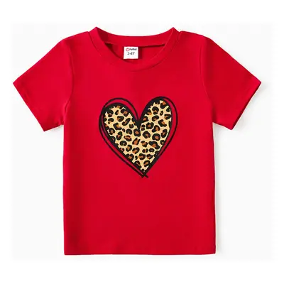 Mommy and Me Cotton Short-sleeve Leopard Heart Print Red T-shirts