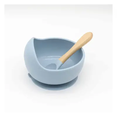 2Pcs Baby Silicone Suction Bowl and Spoon with Wood Handle Baby Toddler Tableware Dishes Self-Fe