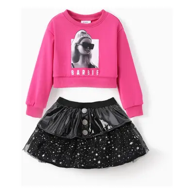 Barbie Dresses Toddler/Kid Girl 2pcs Character Print Sweatshirt And Leather Tulle Skirt Set