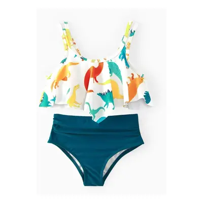 Family Matching All Over Multicolor Dinosaur Print Swim Trunks Shorts and Ruffle Two-Piece Swims