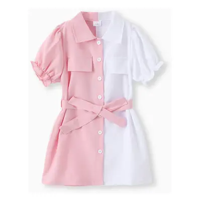 Toddler Girl Elegant Lapel Collar Colorblock Belted Dress